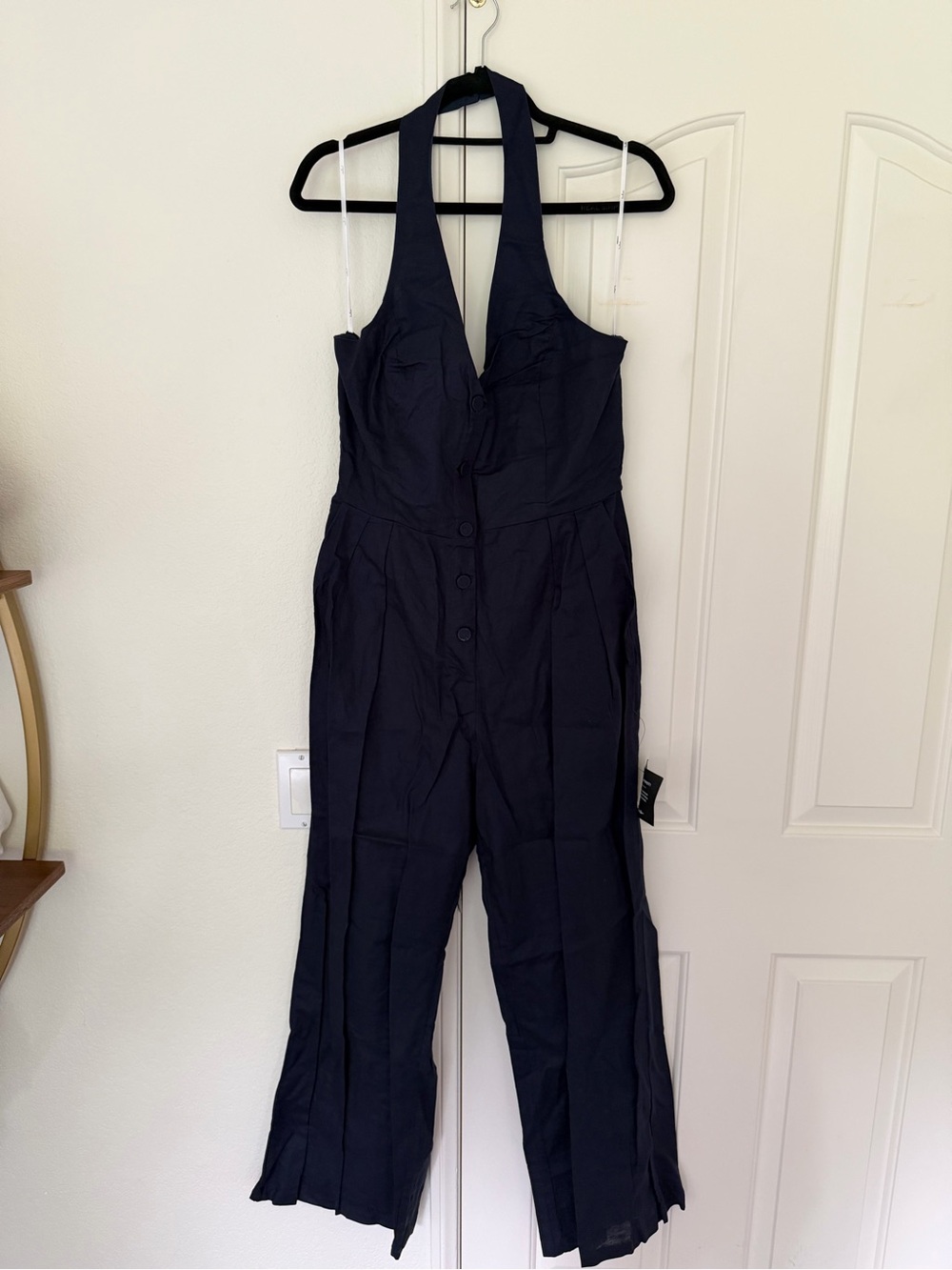 Lulu's Navy Linen Halter Button-Front Jumpsuit